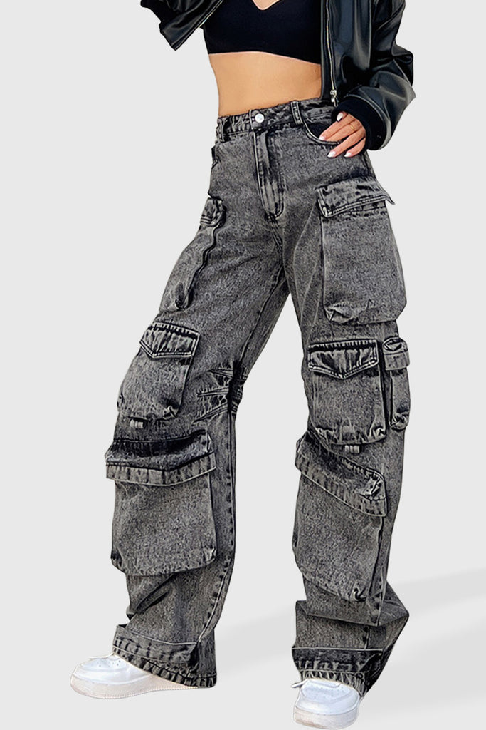 Cargo-jeans med fickor - Grå