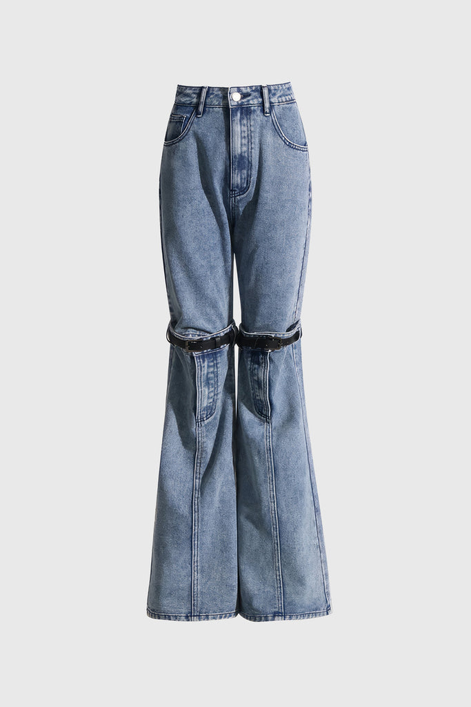 High Waisted Jeans met Knie Uitsnijdingen - Blauw