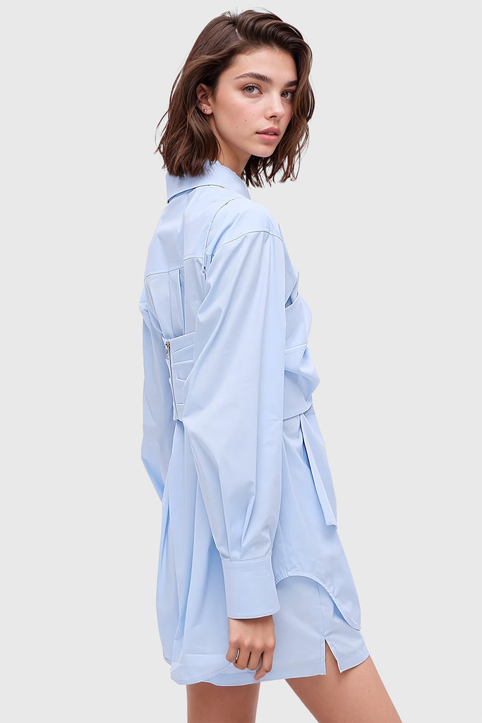 Robe chemise à manches longues avec détails sur le devant - Bleu