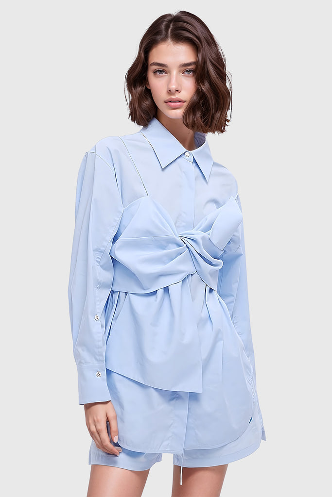 Robe chemise à manches longues avec détails sur le devant - Bleu