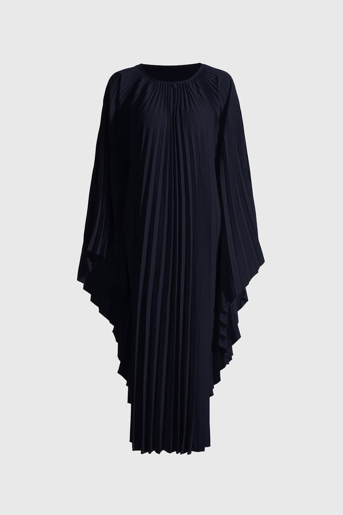 Pleated Maxi Dress with Long Sleeves - Navy