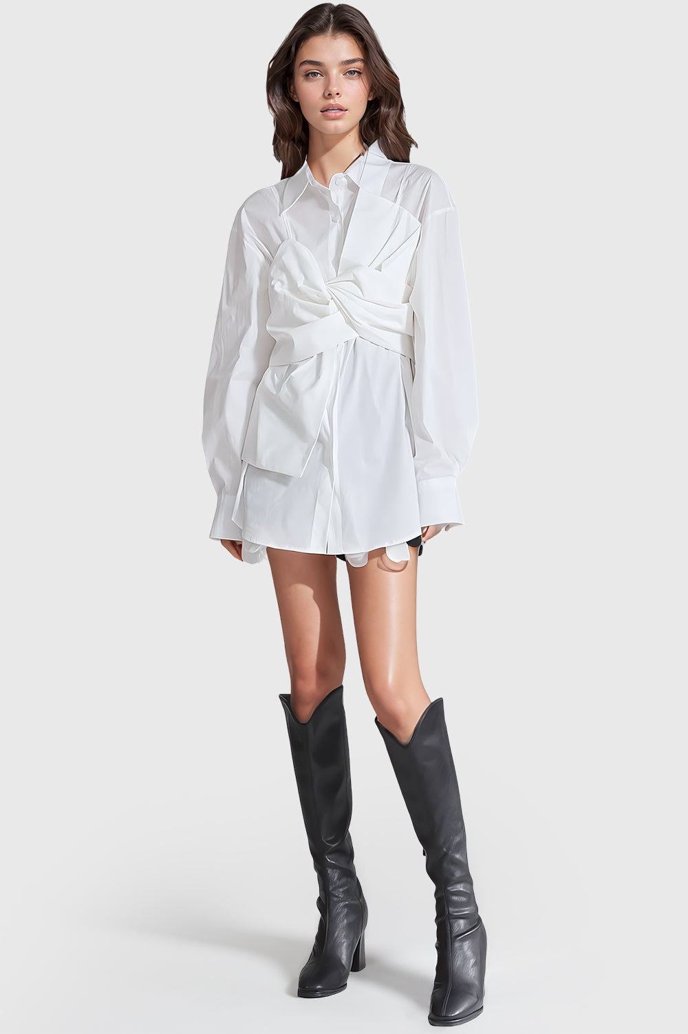 Long Sleeve Shirt Dress with Front Detail - White