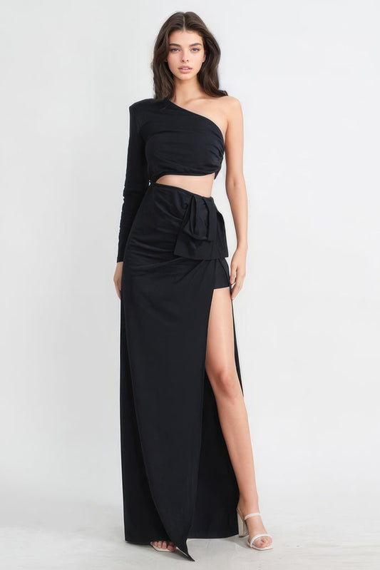 Vestido maxi com corte na cintura - Preto