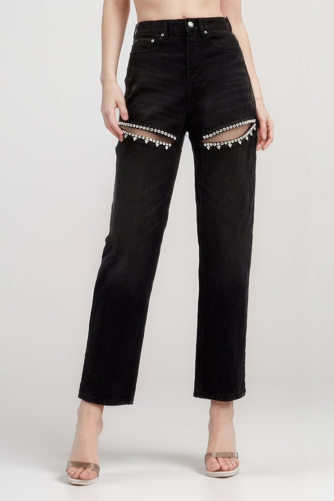 Jeans med høj talje og diamantudsmykning - sort
