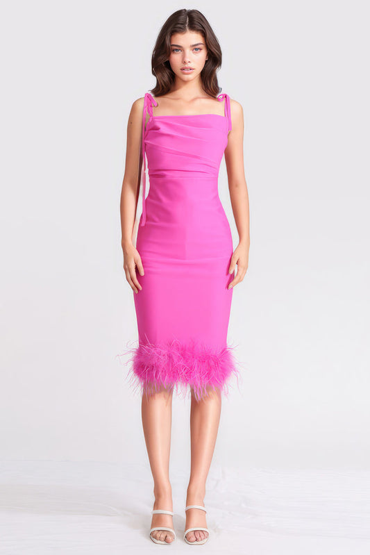 Robe midi bodycon avec plumes - Rose