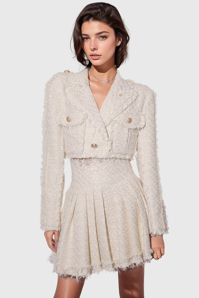 Textured Jacket and Skirt Set - Beige