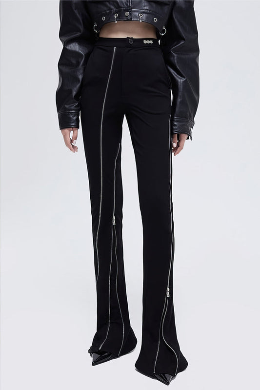 High-Waisted Trousers with Zip-Ups - Black