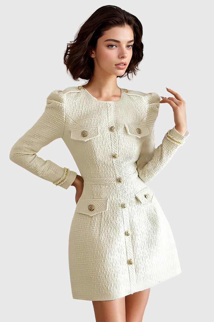 Tweedowa mini sukienka z długim rękawem - biała