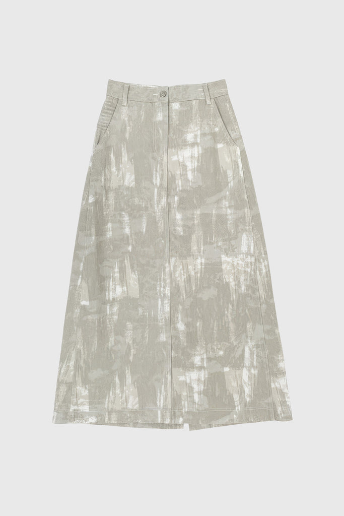 Midi-nederdel med høj talje i mønstret stof - grå