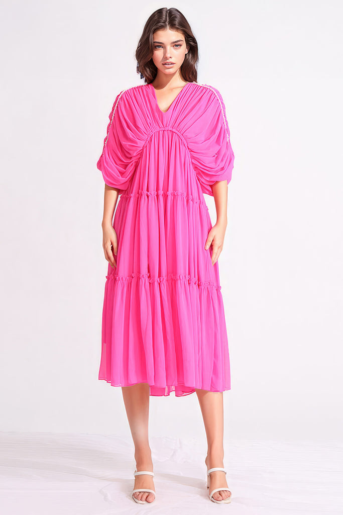 Midi Dress with Wing Sleeves - Pink