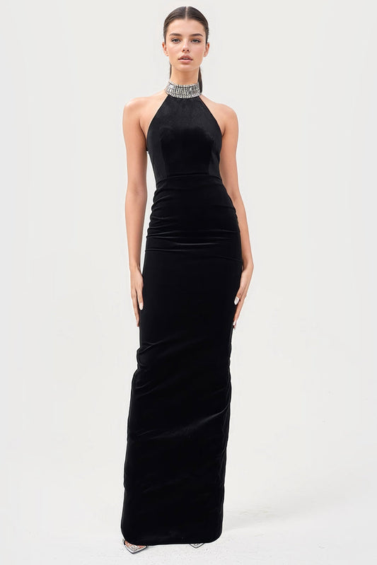 Plain Halter Neck Maxi Dress - Black