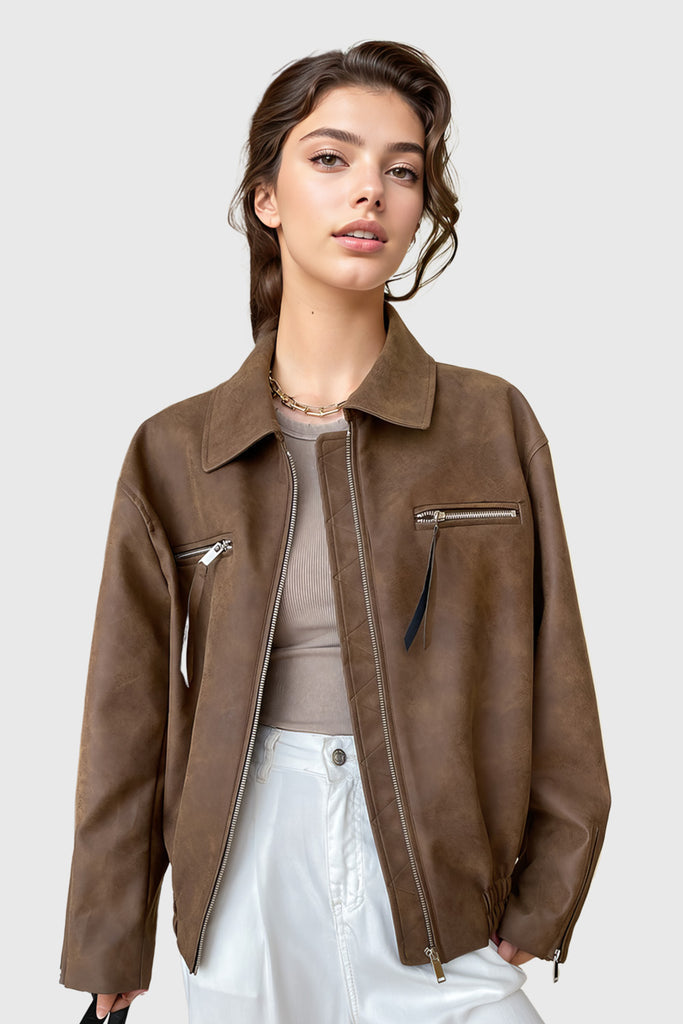 Minimální kožená bunda na zip - hnědá