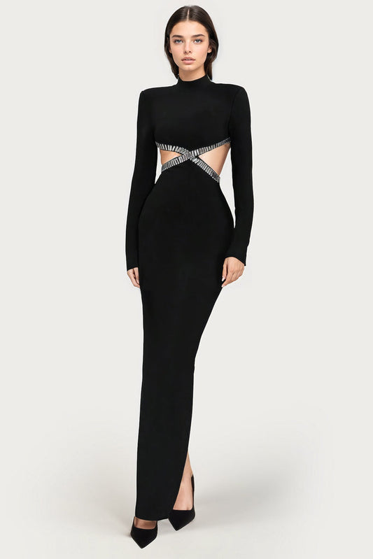 High Neckline Maxi Dress with Rhinestones - Black