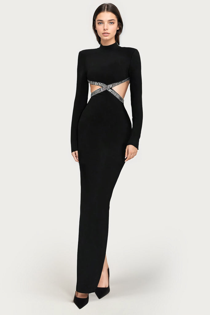 Maxi šaty s vysokým výstřihem a kamínky - černé
