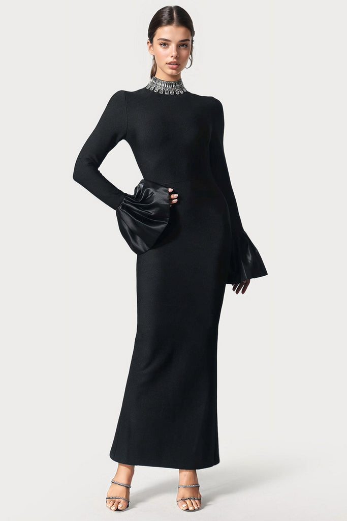 Robe longue avec poignets évasés et fente - Noir