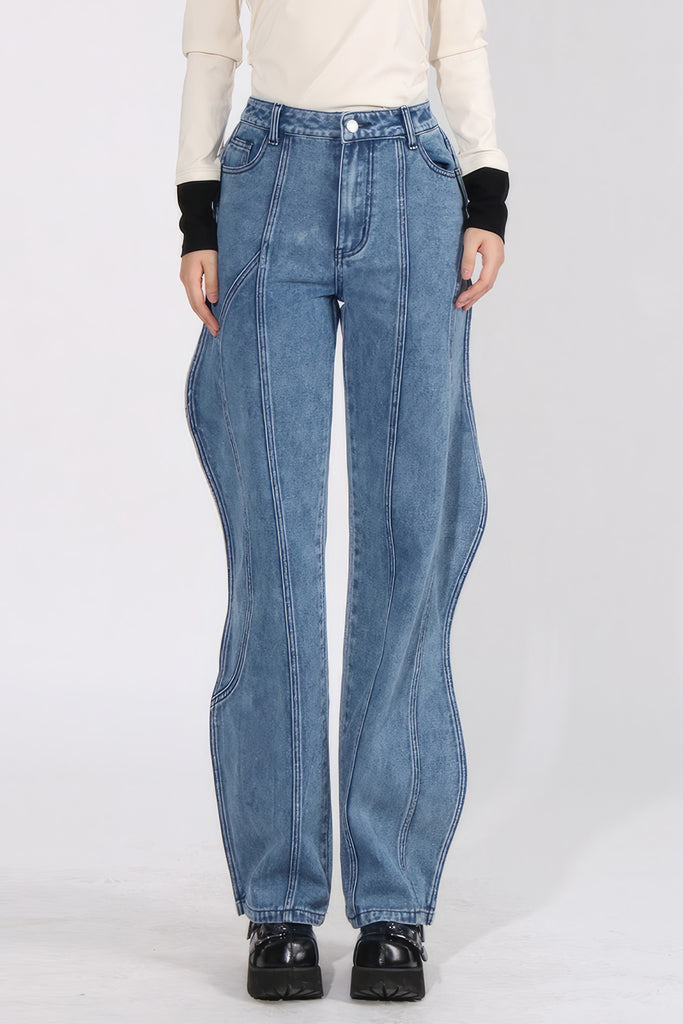 Vlnité džíny s vysokým pasem - modré
