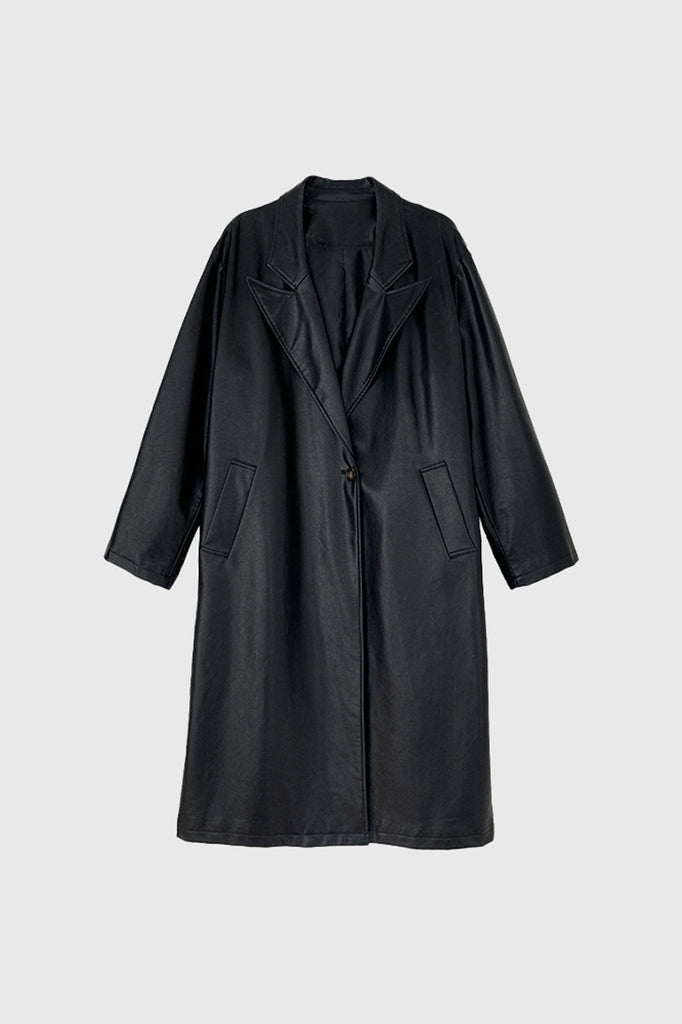 Dlouhý kožený plášť - černý
