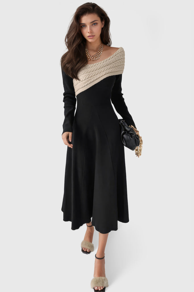 Midi Dress with Knitted Detail - Black