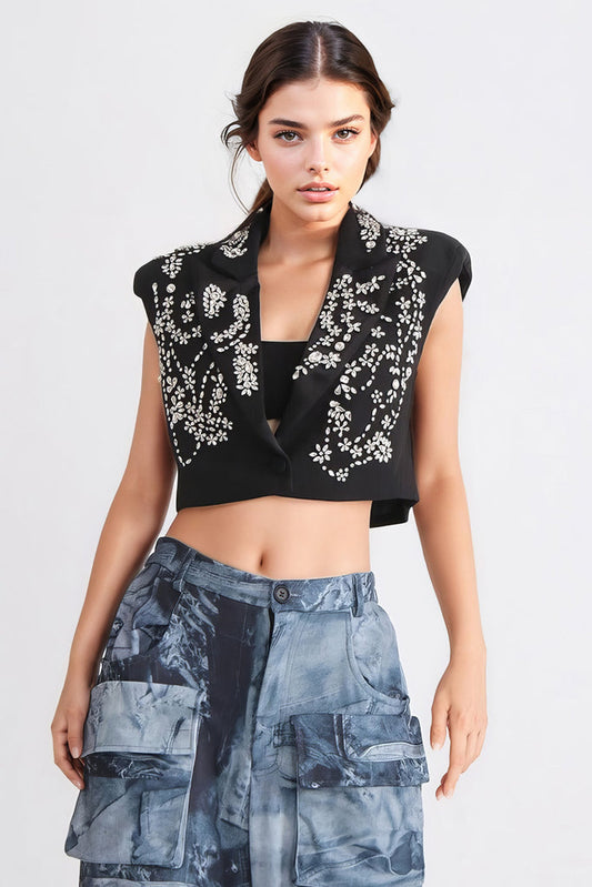 Gilet cropped con strass - Nero