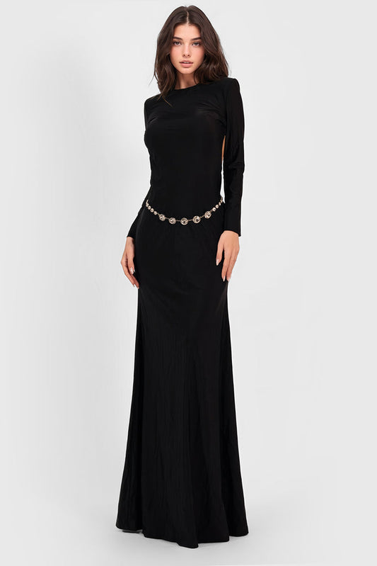 Vestido maxi sem costas com mangas compridas - Preto