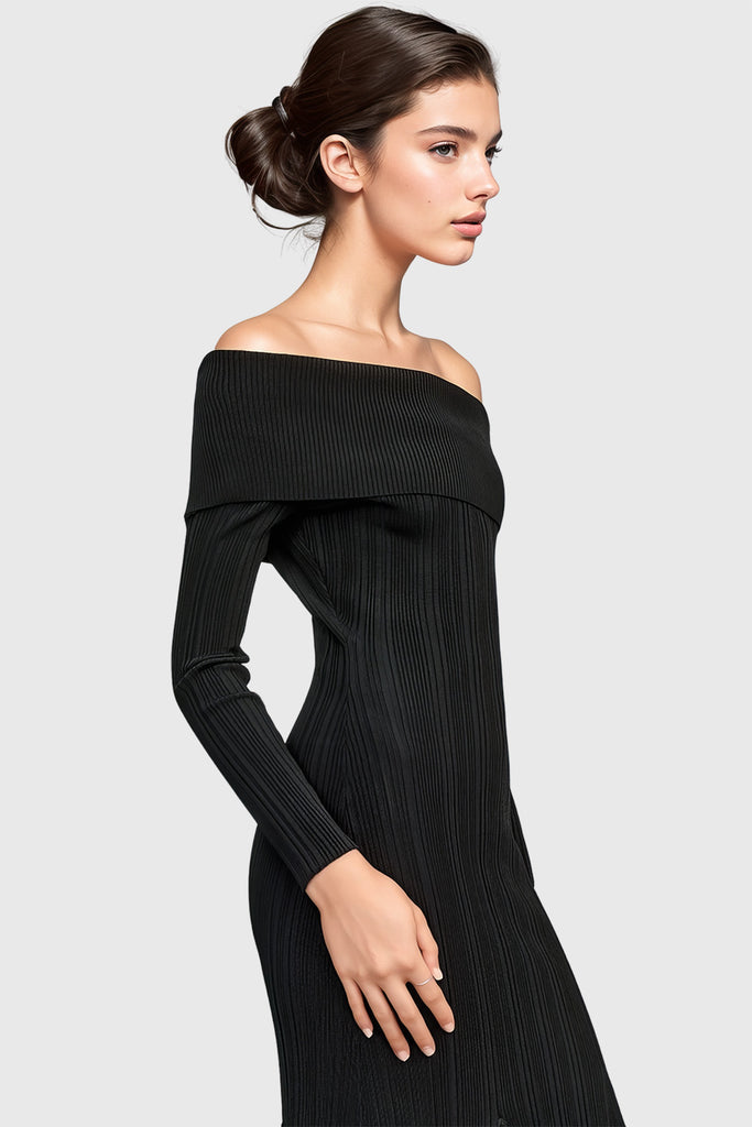 Robe longue en tricot à épaules dénudées - Noir