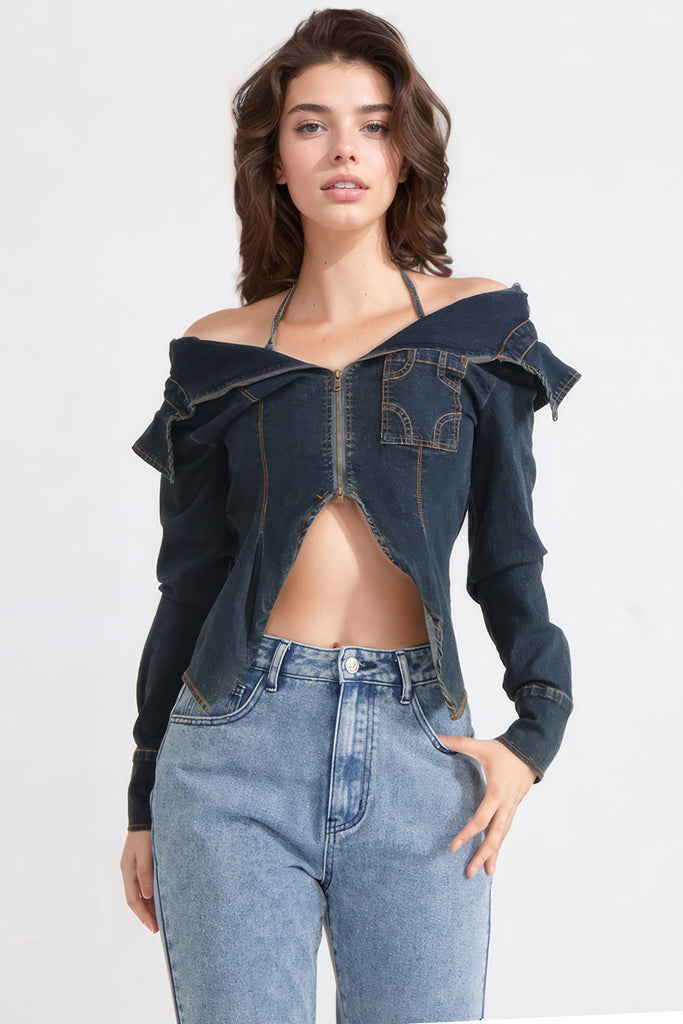 Top en denim à épaules décollées - Bleu foncé