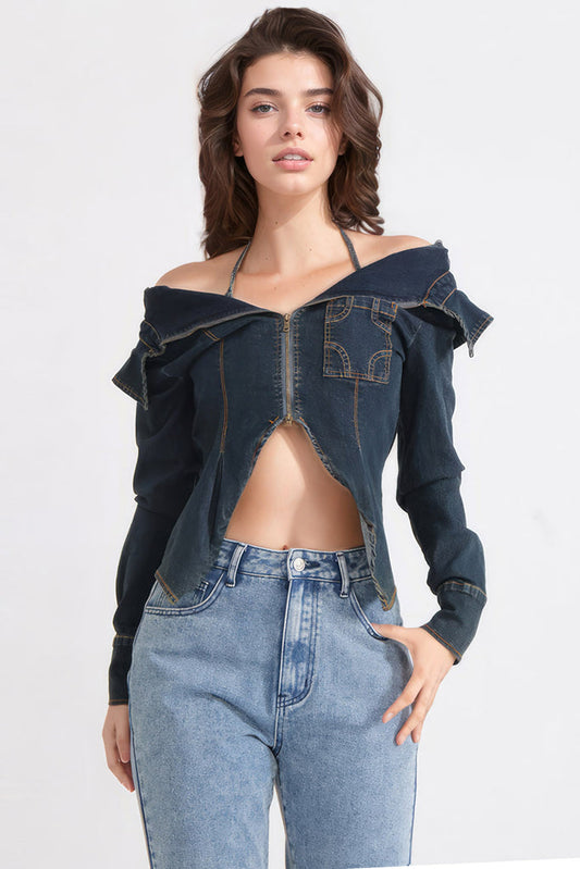 Top in denim con spalle scoperte - Blu scuro