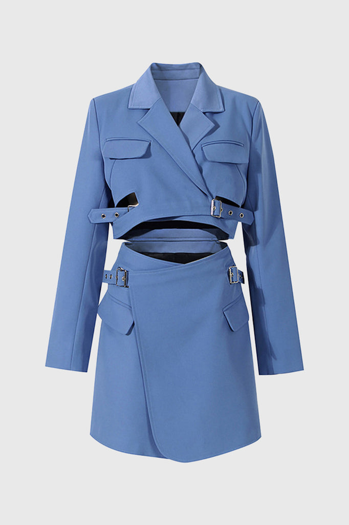Short Blazer Dress with Belts - Blue