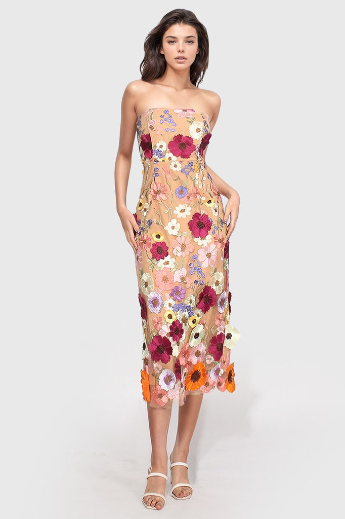 Strapless Floral Midi Dress - Beige