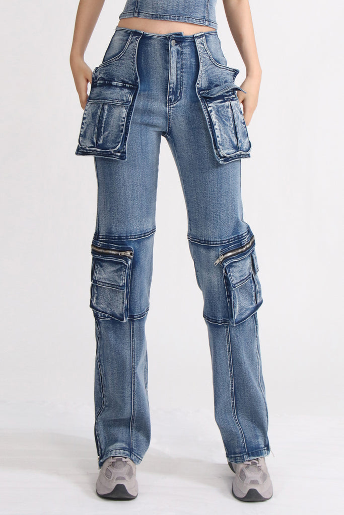 Cargo-jeans med høj talje - blå