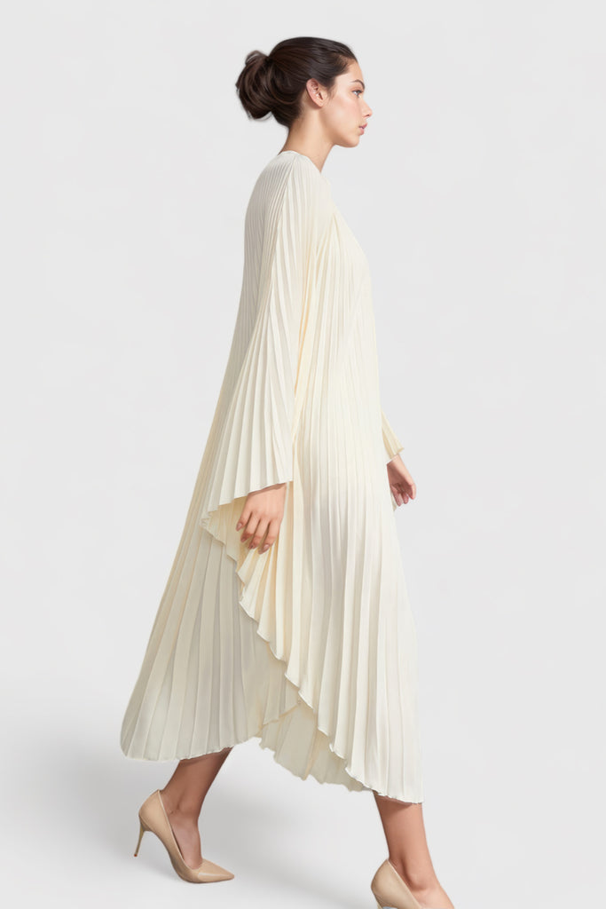 Geplooide maxi jurk met lange mouwen - Vanille