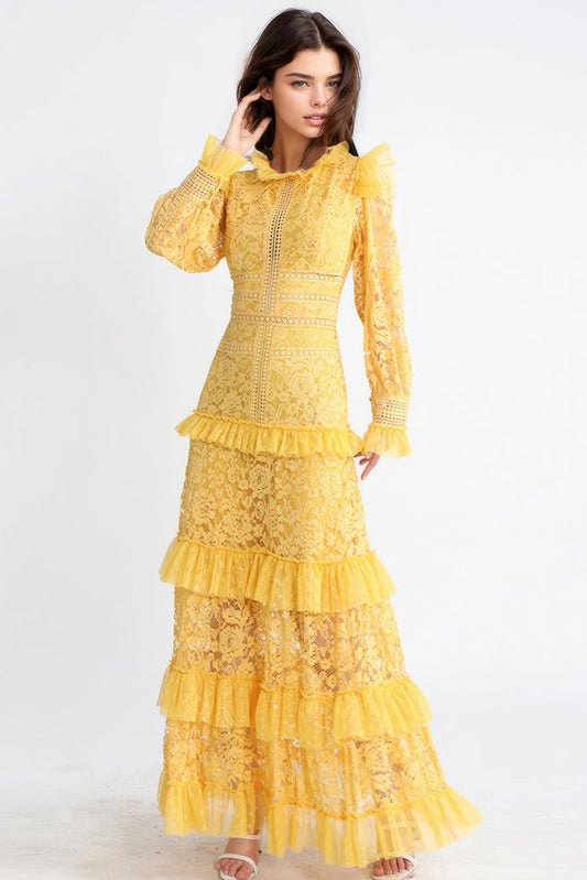 Vestido maxi texturado com mangas compridas - Amarelo