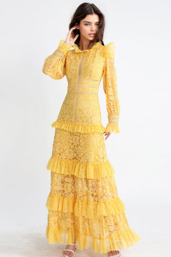 Vestido maxi texturado com mangas compridas - Amarelo