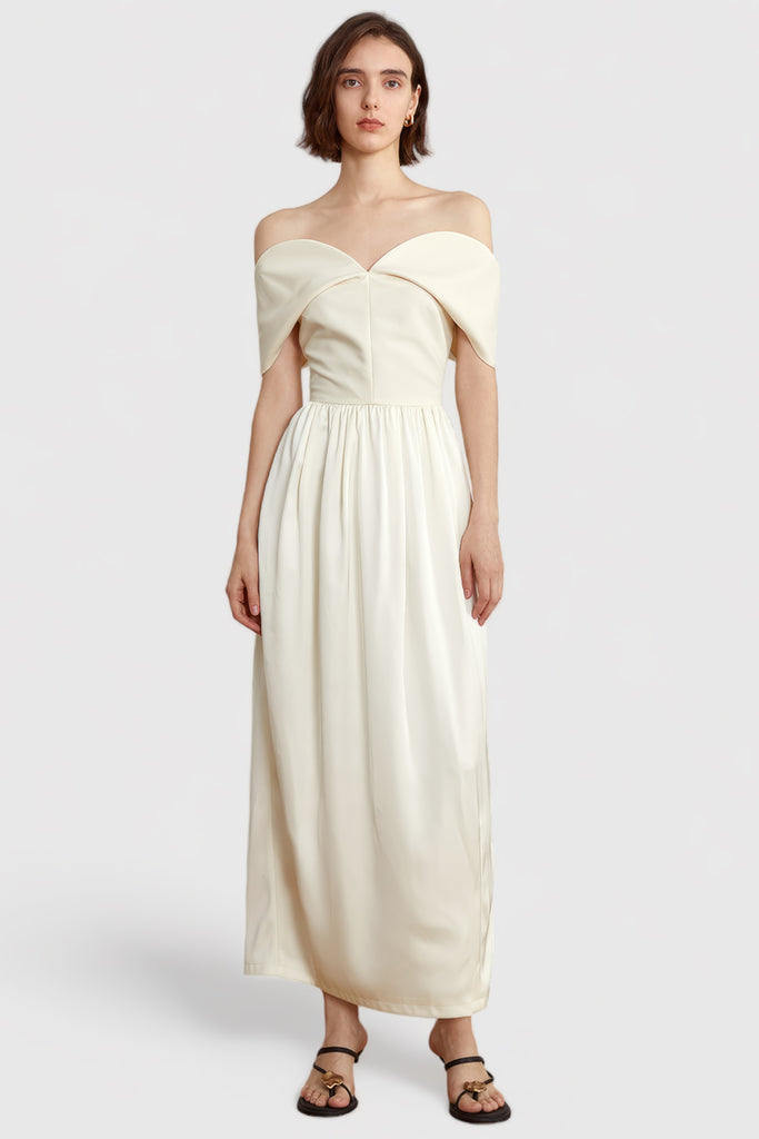 Sukienka midi bez ramion z dekoltem w serduszko - beżowa