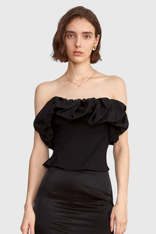 Strapless top met ruches - Zwart