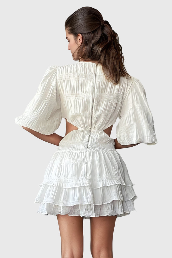 Ruffled Short Dress with Sleeves - White