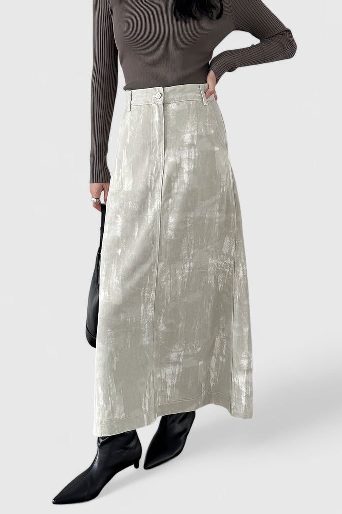 Midi-rok met hoge taille en gedessineerde stof - Grijs