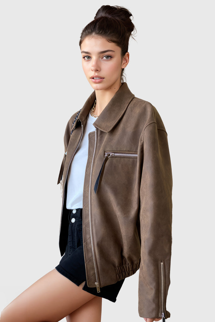 Minimalistische Lederjacke mit Reißverschluss - Braun