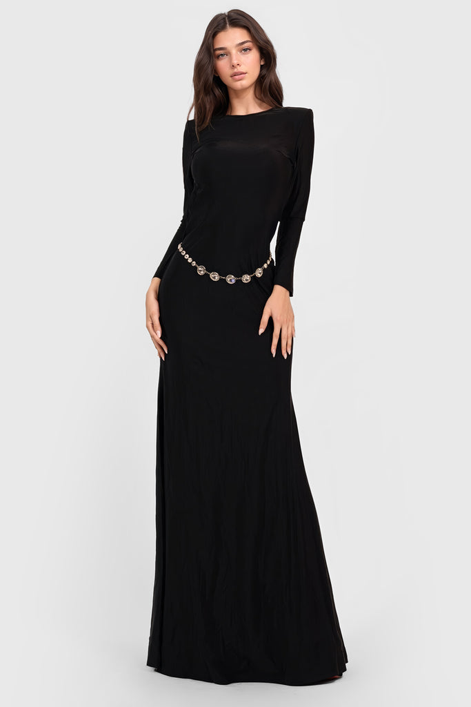 Sukienka maxi bez pleców z długim rękawem - czarna