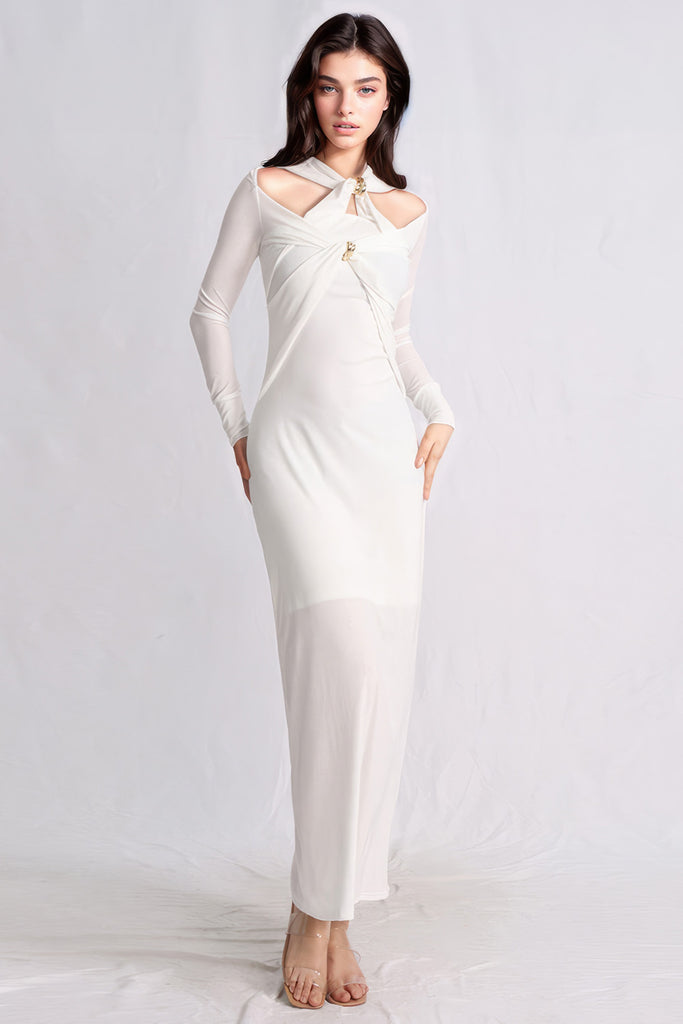 Elegantní maxi šaty s dlouhými rukávy - bílé