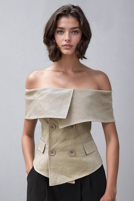 Off-shoulder top med bred krave og knapper foran - Beige