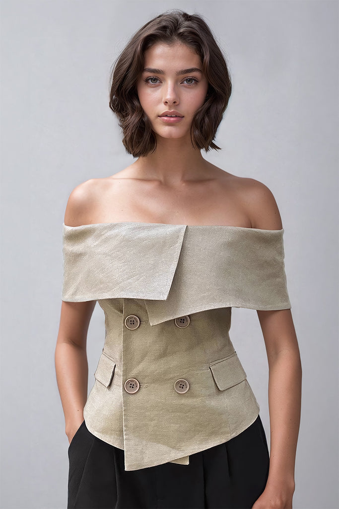 Off-Shoulder Top with Wide Collar and Front Buttons - Beige
