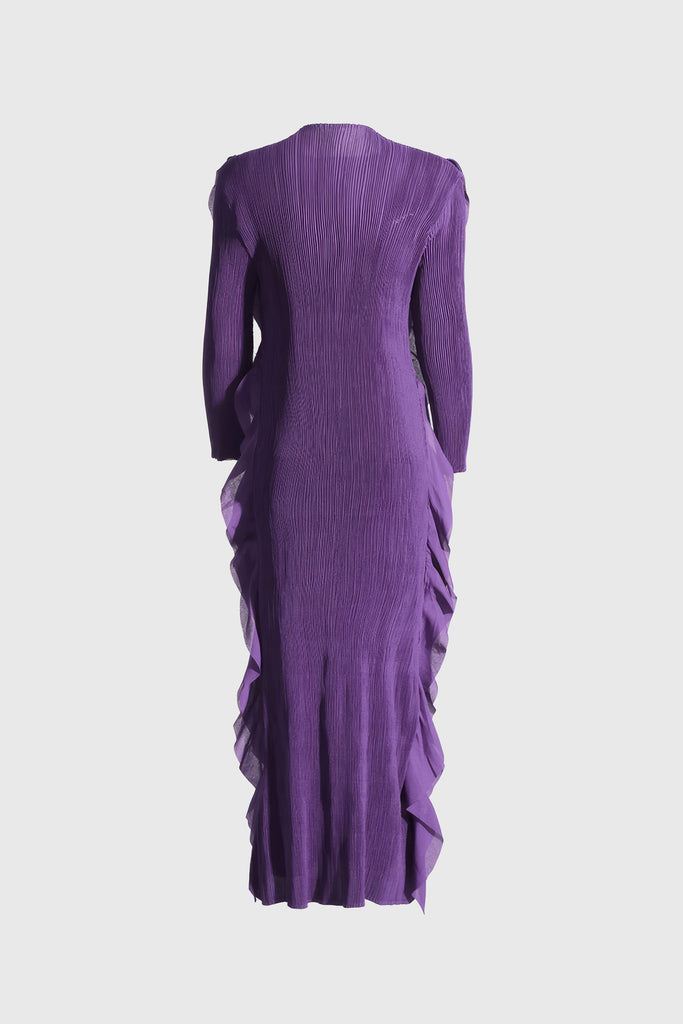 Sukienka z długim rękawem i falbankami - fioletowa