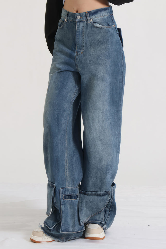 Jeans met hoge taille en zakken aan de zoom - Blauw