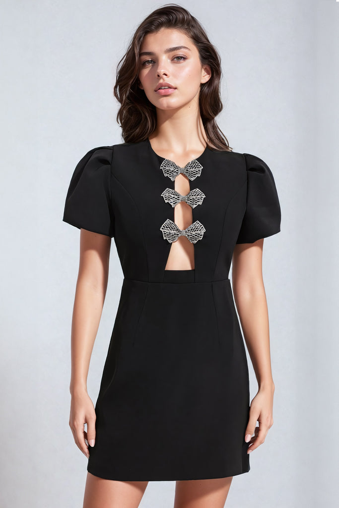 Short Sleeve Mini Dress with Bows - Black