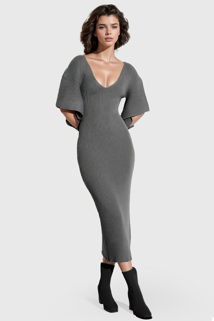 V Neck Ribbed Midi Dress - Dark Grey