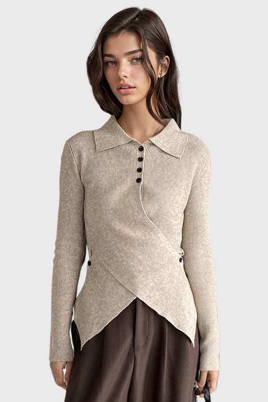 Top de punto con cuello y dobladillo irregular - Beige