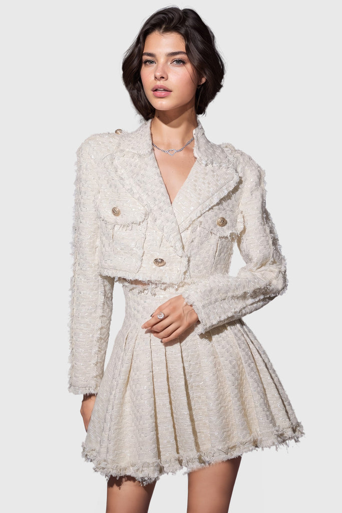 Textured Jacket and Skirt Set - Beige