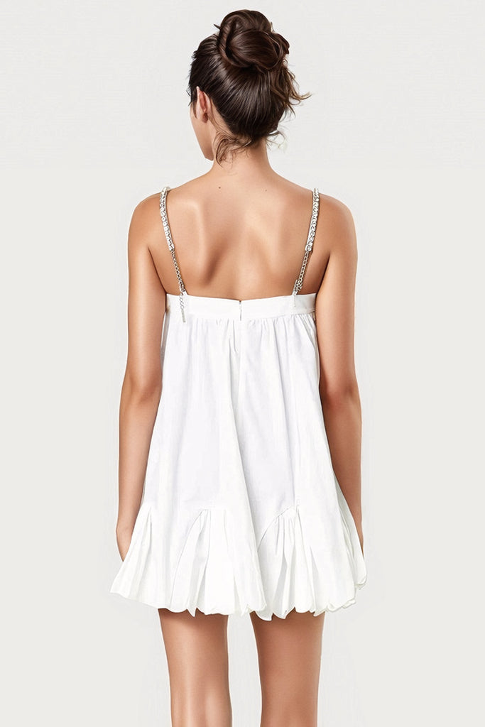 Short Dress with Rhinestone Embellishments - White