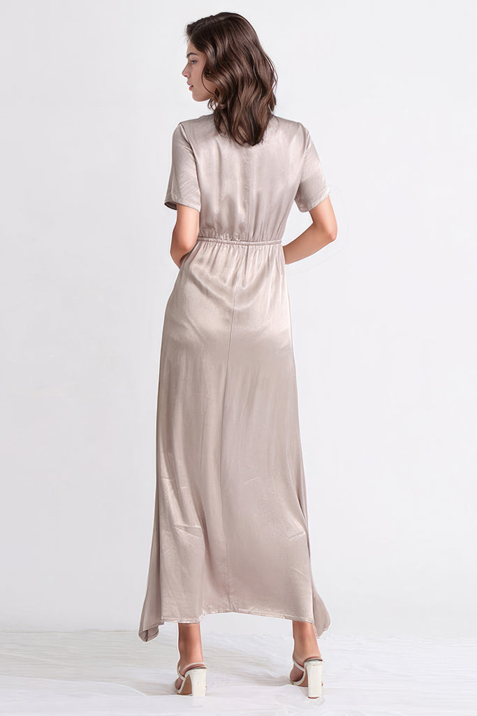 Satin Maxi Dress with Short Sleeves - Beige